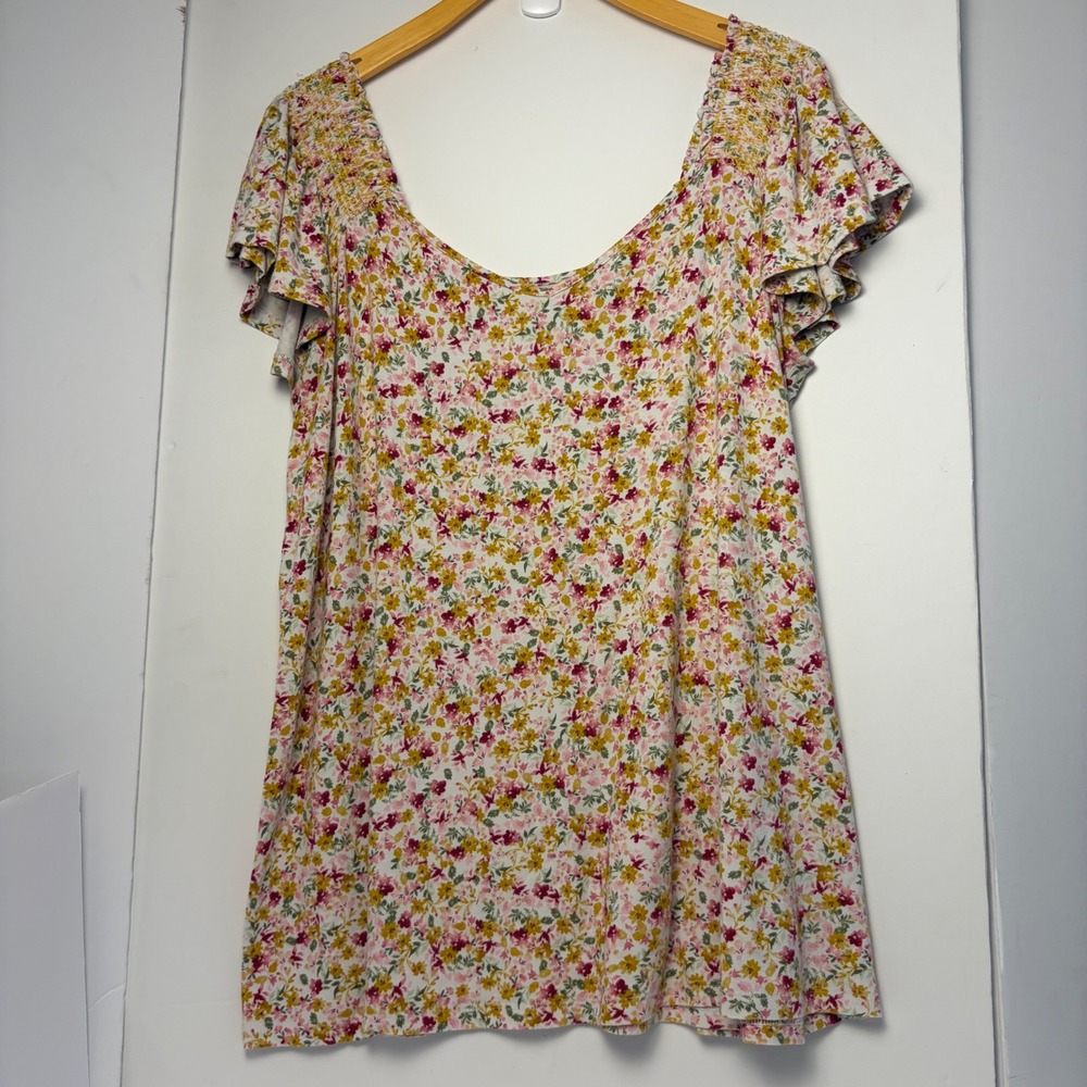 Torrid Super Soft Floral Smocked Shoulder Flutter Sleeve Knit Top Pink Yellow 1